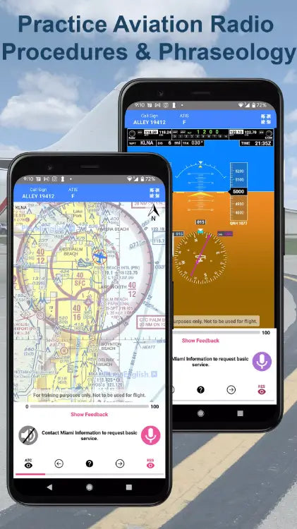 ARSim photo with two phones showing the app and the text "practice aviation radio procedures & phraseology"