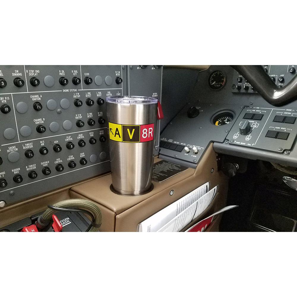 stainless av8r mug tumbler in cup holder inside airplane